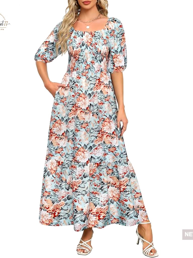 Boho Smocked Maxi Dress Puff Sleeve Square Neck A-Line Tiered Ruffle